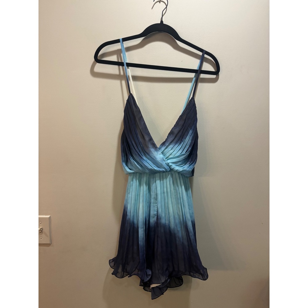 Luxxel Pleated Tie Dye Romper Blue Ombre Deep V Neck Spaghetti Strap Casual Sz M